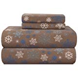Pointehaven Heavy Weight Printed Flannel Sheet Set, Queen, Snow Flakes/Tan